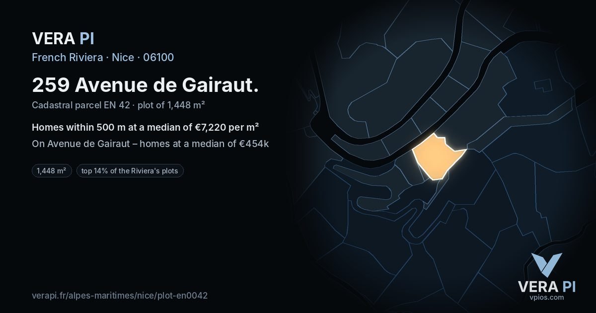 259 Avenue de Gairaut, Nice at night – the plot lit, the parcels around coloured by the prices near them
