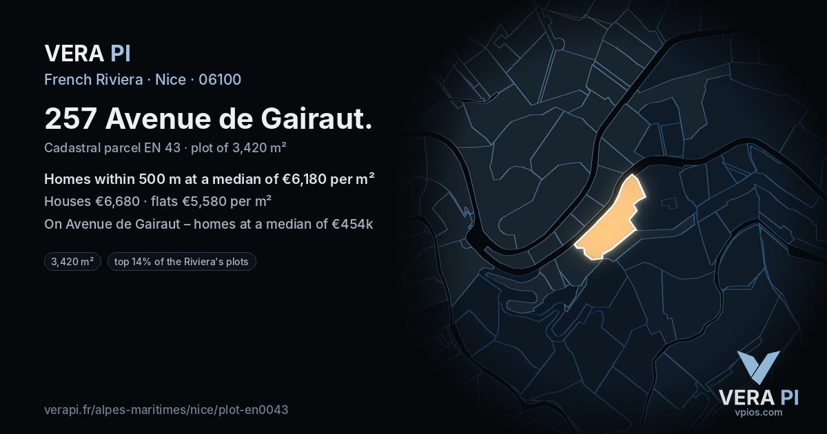 257 Avenue de Gairaut, Nice at night – the plot lit, the parcels around coloured by the prices near them
