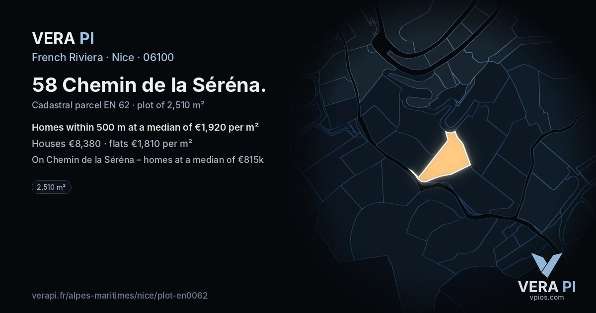 58 Chemin de la Séréna, Nice at night – the plot lit, the parcels around coloured by the prices near them
