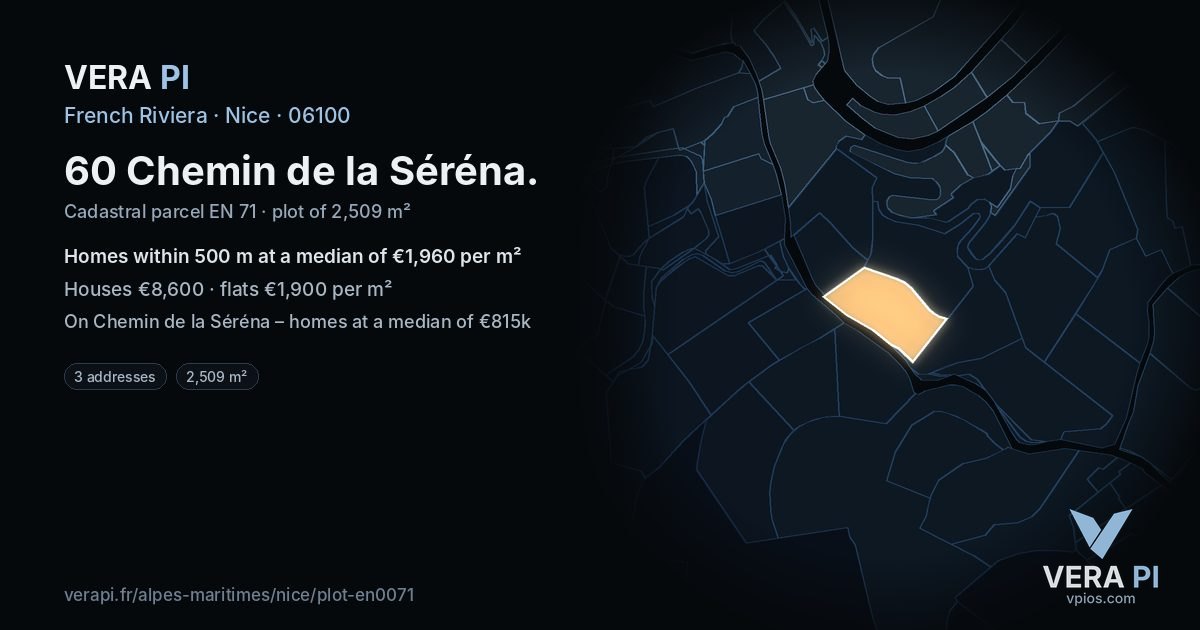 60 Chemin de la Séréna, Nice at night – the plot lit, the parcels around coloured by the prices near them