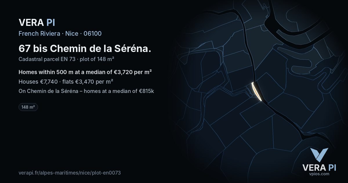 67 bis Chemin de la Séréna, Nice at night – the plot lit, the parcels around coloured by the prices near them
