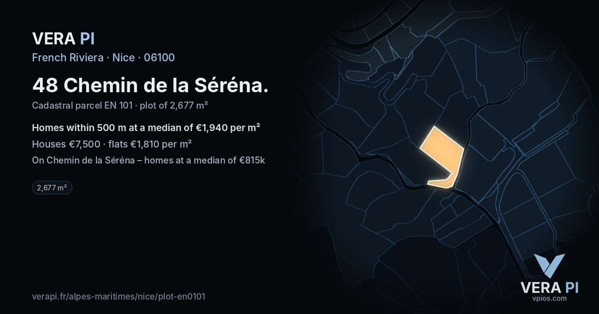 48 Chemin de la Séréna, Nice at night – the plot lit, the parcels around coloured by the prices near them