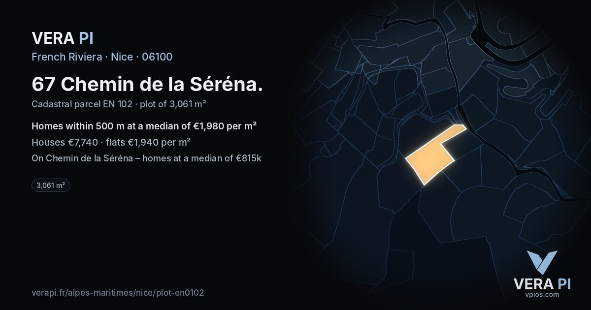 67 Chemin de la Séréna, Nice at night – the plot lit, the parcels around coloured by the prices near them