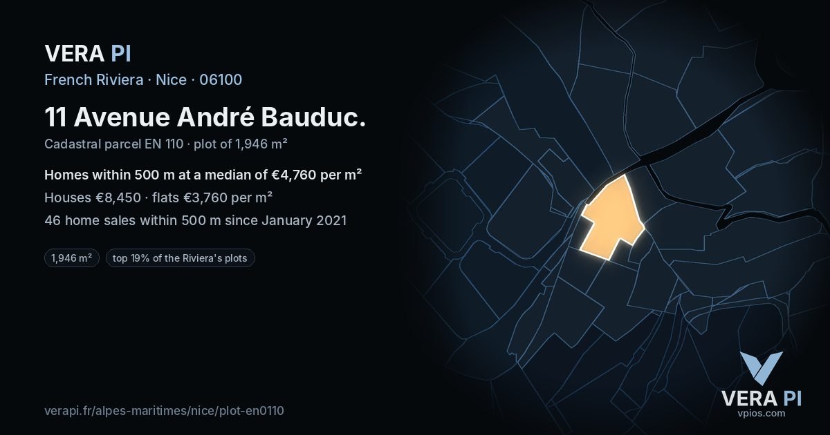11 Avenue André Bauduc, Nice at night – the plot lit, the parcels around coloured by the prices near them