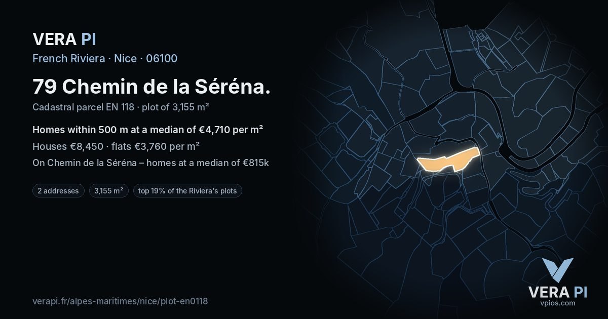 79 Chemin de la Séréna, Nice at night – the plot lit, the parcels around coloured by the prices near them