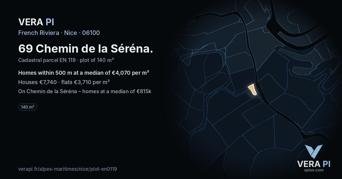69 Chemin de la Séréna, Nice at night – the plot lit, the parcels around coloured by the prices near them