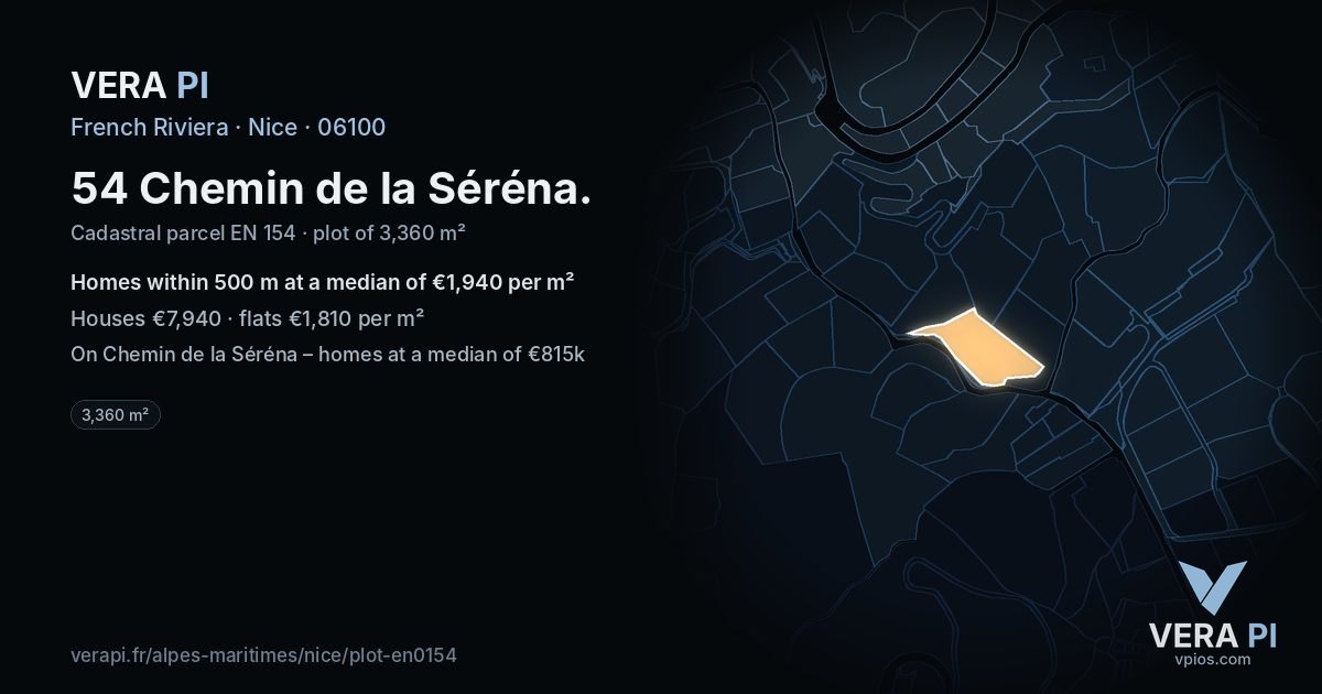 54 Chemin de la Séréna, Nice at night – the plot lit, the parcels around coloured by the prices near them