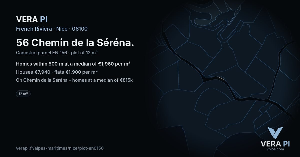 56 Chemin de la Séréna, Nice at night – the plot lit, the parcels around coloured by the prices near them