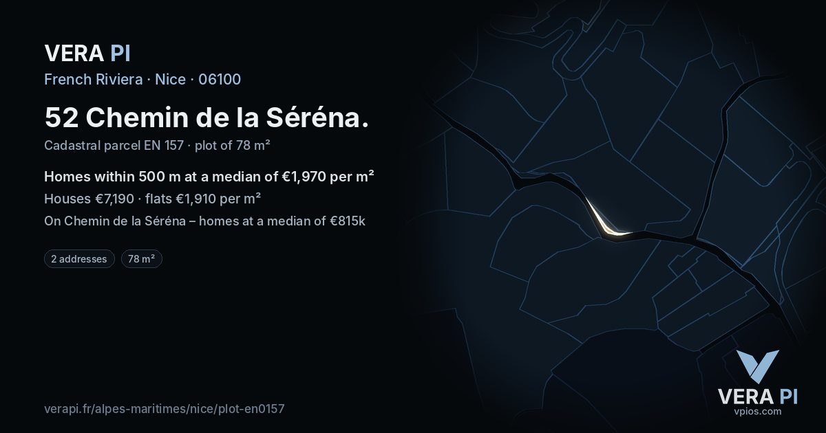 52 Chemin de la Séréna, Nice at night – the plot lit, the parcels around coloured by the prices near them