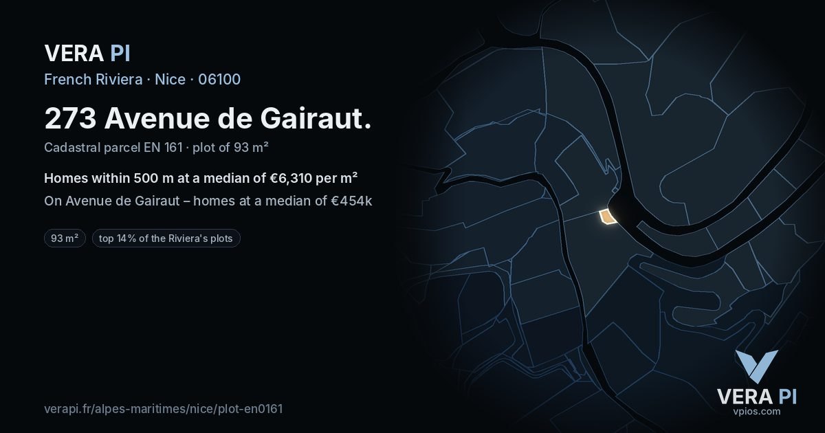 273 Avenue de Gairaut, Nice at night – the plot lit, the parcels around coloured by the prices near them