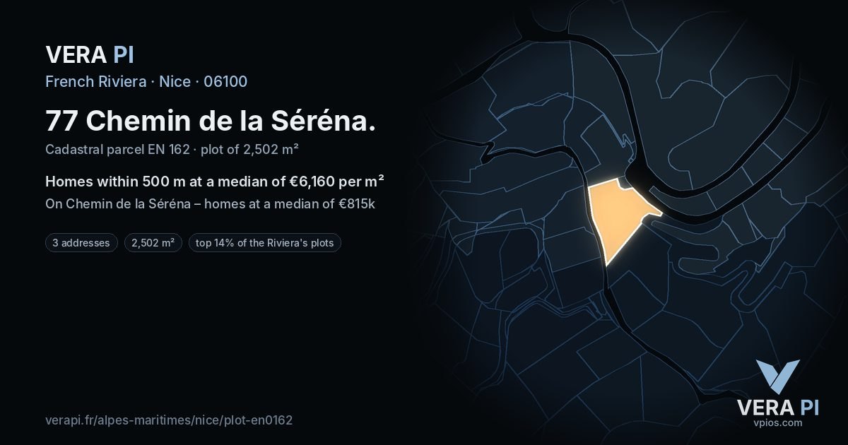 77 Chemin de la Séréna, Nice at night – the plot lit, the parcels around coloured by the prices near them