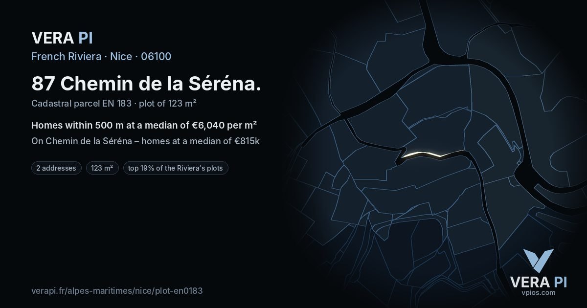 87 Chemin de la Séréna, Nice at night – the plot lit, the parcels around coloured by the prices near them