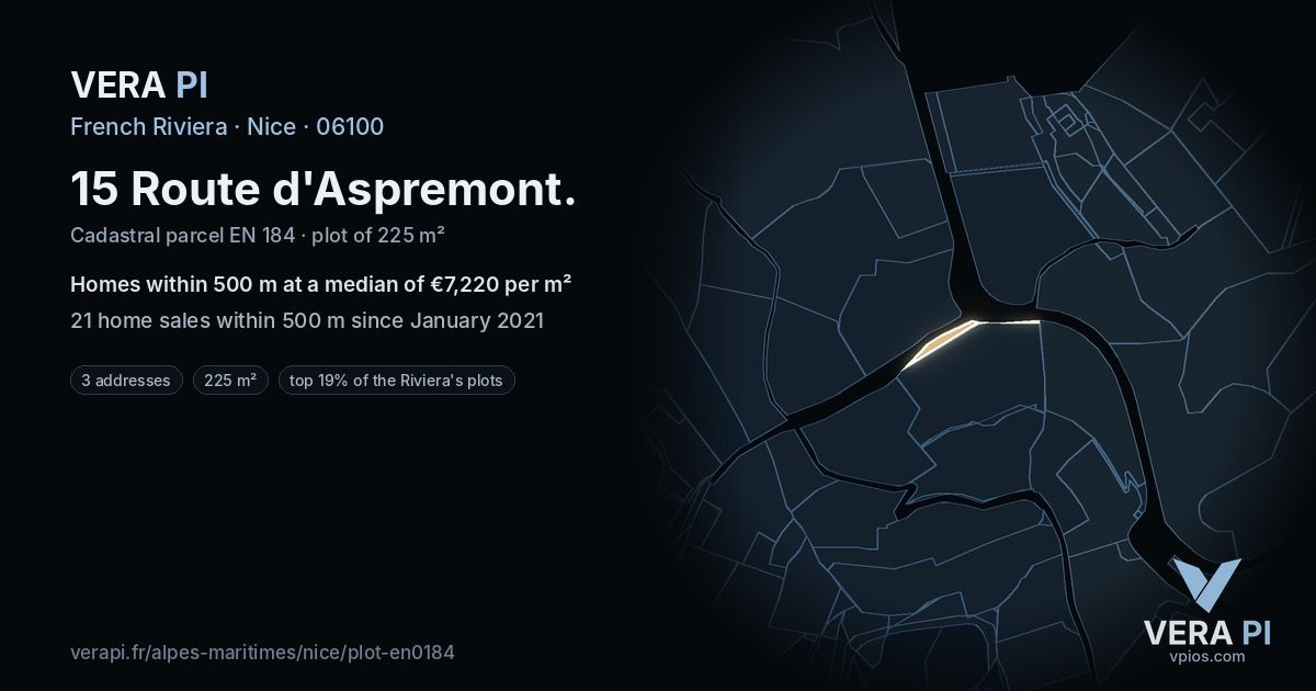 15 Route d'Aspremont, Nice at night – the plot lit, the parcels around coloured by the prices near them