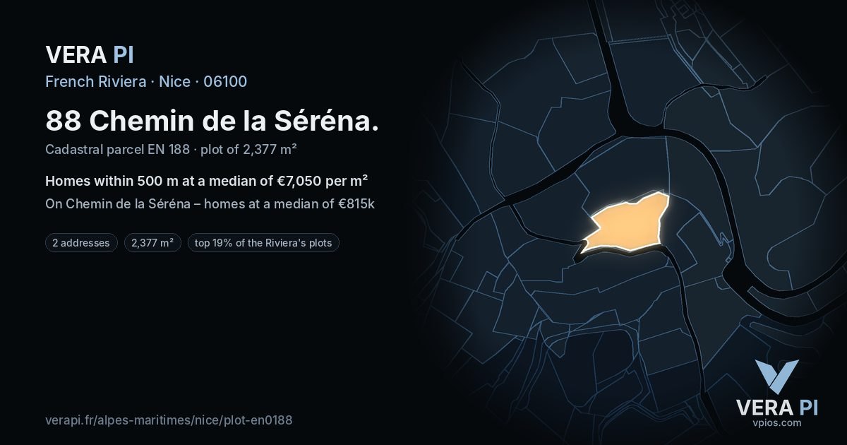 88 Chemin de la Séréna, Nice at night – the plot lit, the parcels around coloured by the prices near them
