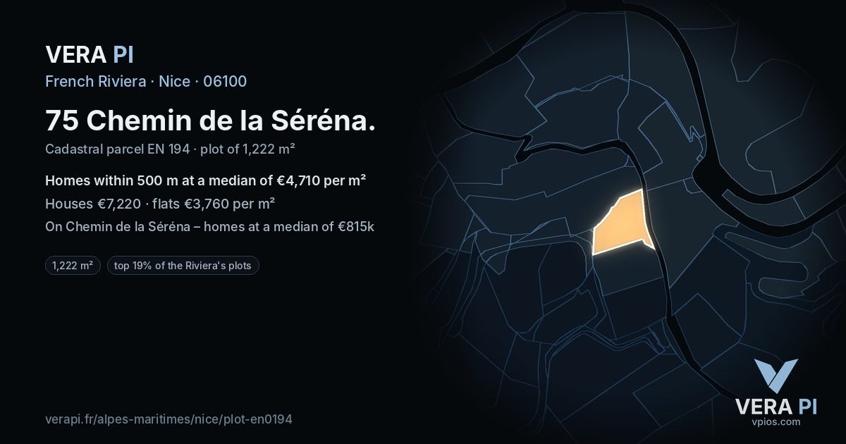 75 Chemin de la Séréna, Nice at night – the plot lit, the parcels around coloured by the prices near them