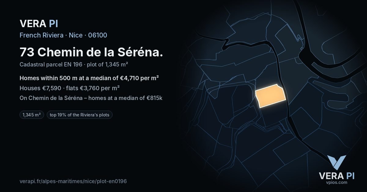 73 Chemin de la Séréna, Nice at night – the plot lit, the parcels around coloured by the prices near them