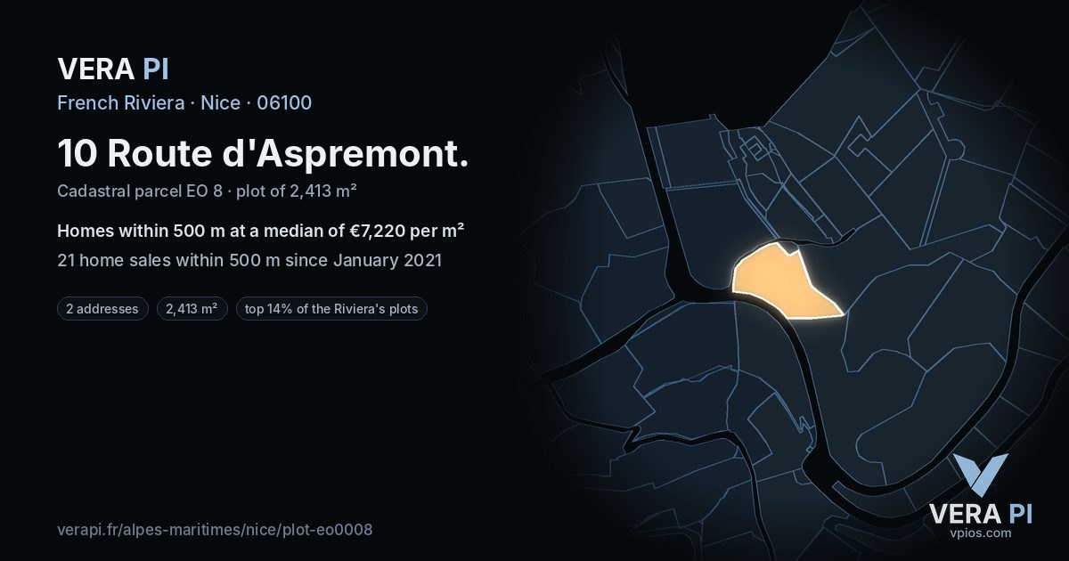 10 Route d'Aspremont, Nice at night – the plot lit, the parcels around coloured by the prices near them