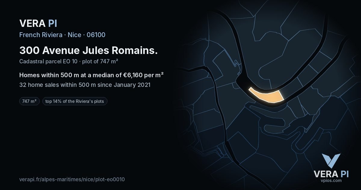 300 Avenue Jules Romains, Nice at night – the plot lit, the parcels around coloured by the prices near them