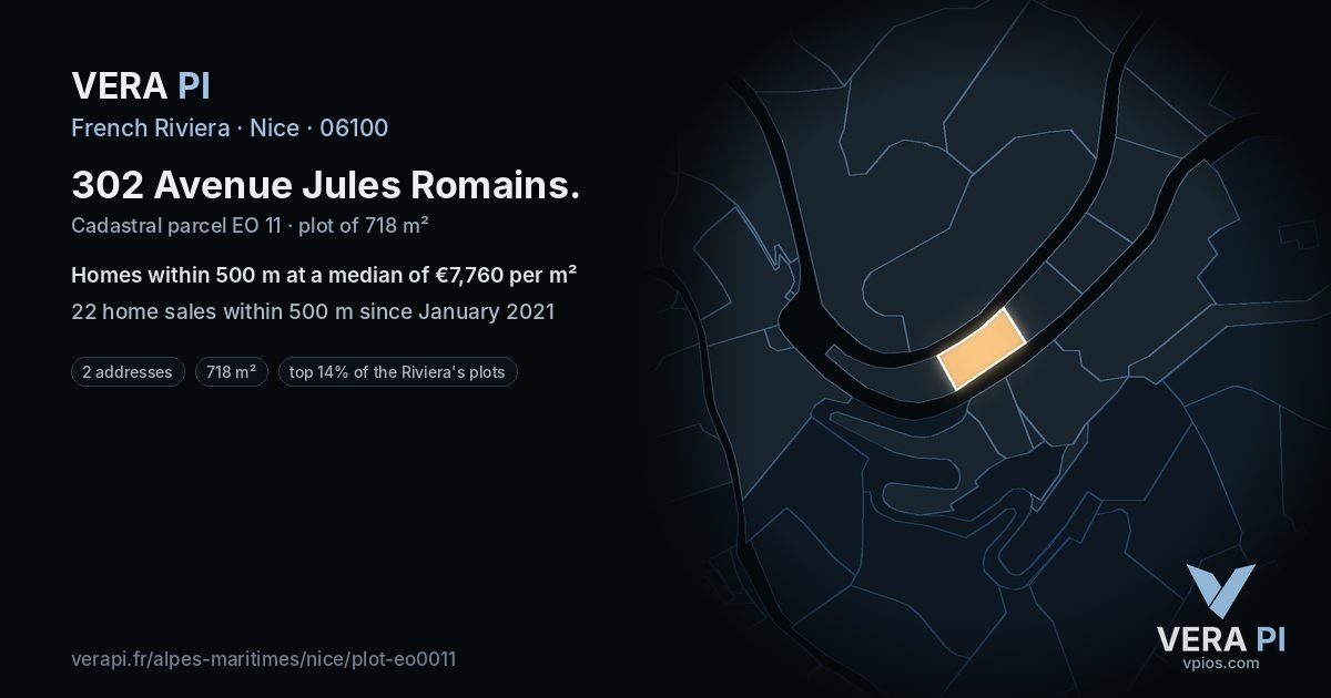 302 Avenue Jules Romains, Nice at night – the plot lit, the parcels around coloured by the prices near them