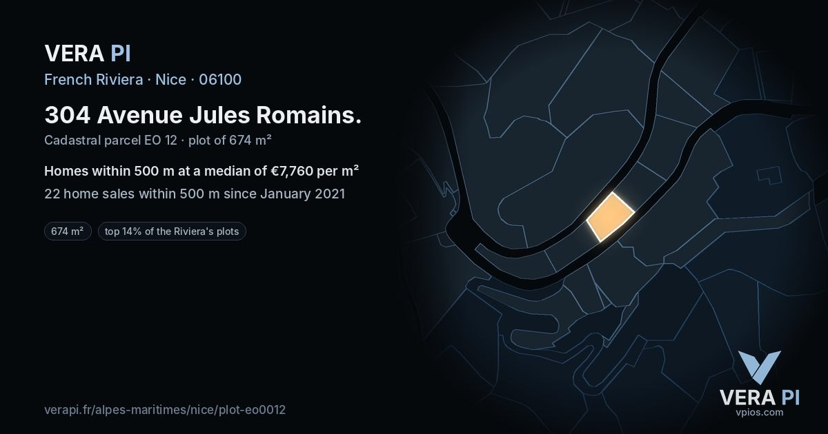 304 Avenue Jules Romains, Nice at night – the plot lit, the parcels around coloured by the prices near them
