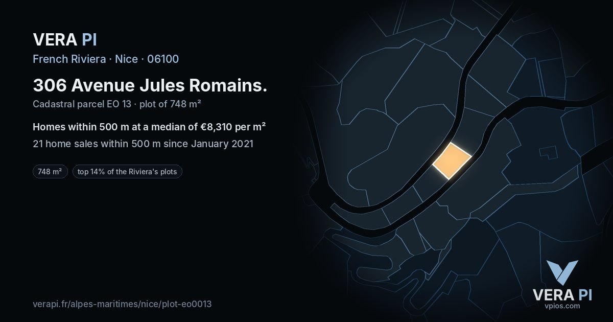 306 Avenue Jules Romains, Nice at night – the plot lit, the parcels around coloured by the prices near them