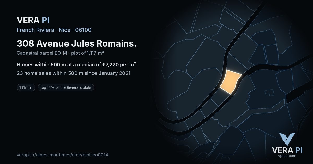 308 Avenue Jules Romains, Nice at night – the plot lit, the parcels around coloured by the prices near them
