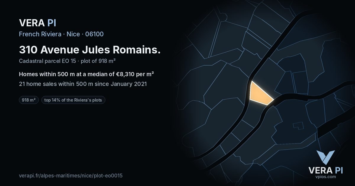 310 Avenue Jules Romains, Nice at night – the plot lit, the parcels around coloured by the prices near them