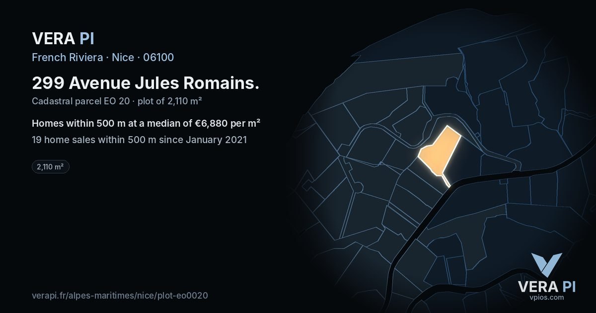 299 Avenue Jules Romains, Nice at night – the plot lit, the parcels around coloured by the prices near them