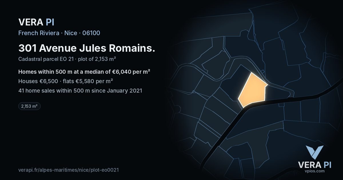301 Avenue Jules Romains, Nice at night – the plot lit, the parcels around coloured by the prices near them