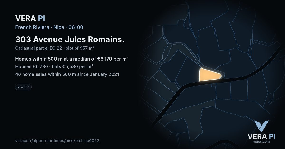 303 Avenue Jules Romains, Nice at night – the plot lit, the parcels around coloured by the prices near them