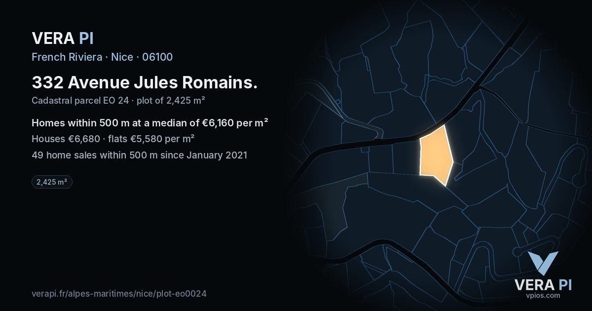 332 Avenue Jules Romains, Nice at night – the plot lit, the parcels around coloured by the prices near them