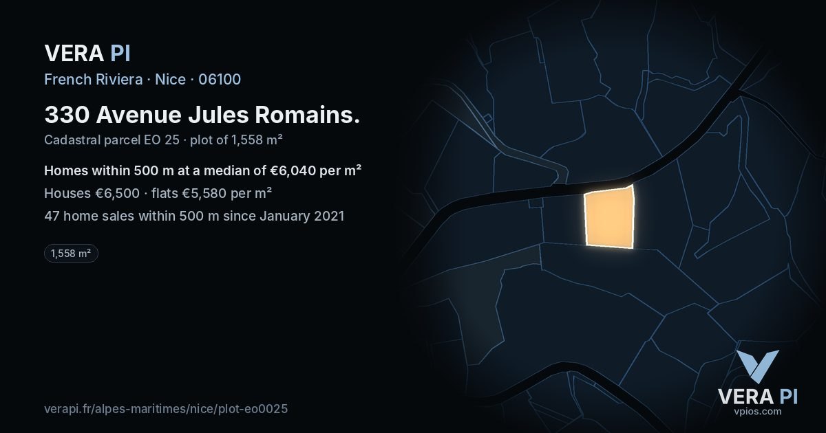 330 Avenue Jules Romains, Nice at night – the plot lit, the parcels around coloured by the prices near them
