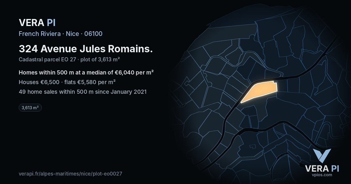 324 Avenue Jules Romains, Nice at night – the plot lit, the parcels around coloured by the prices near them