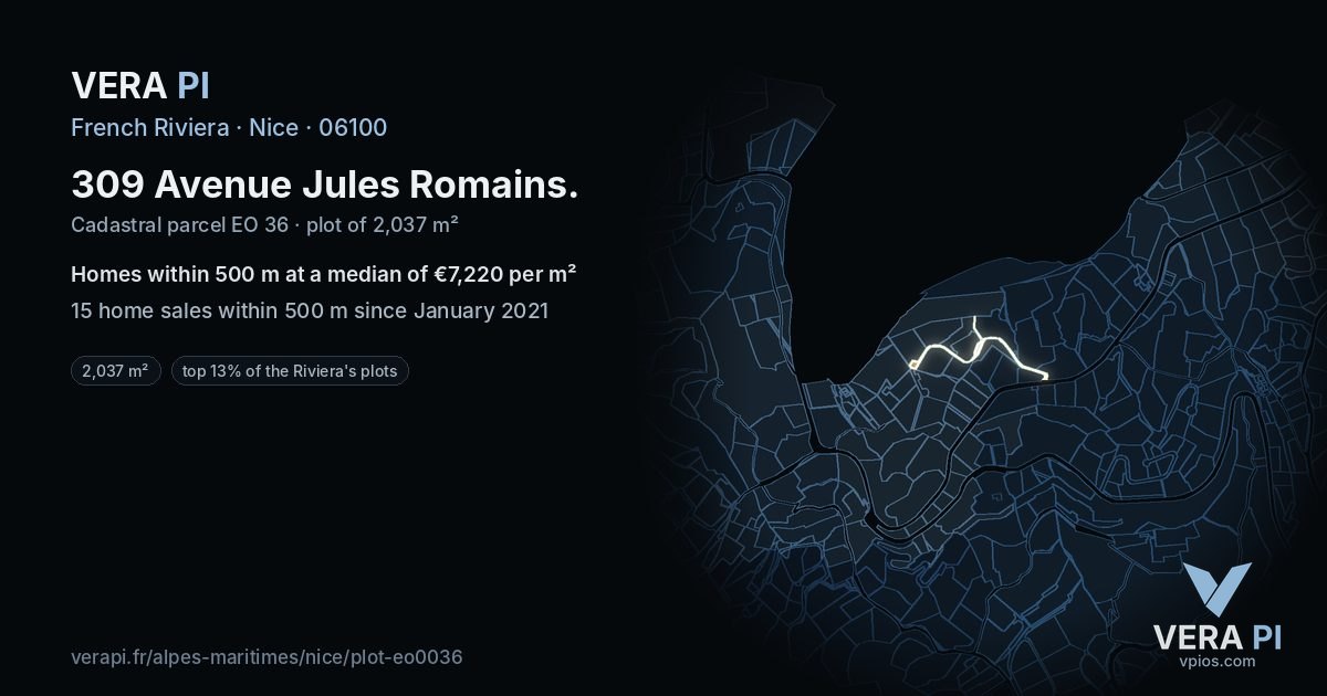 309 Avenue Jules Romains, Nice at night – the plot lit, the parcels around coloured by the prices near them