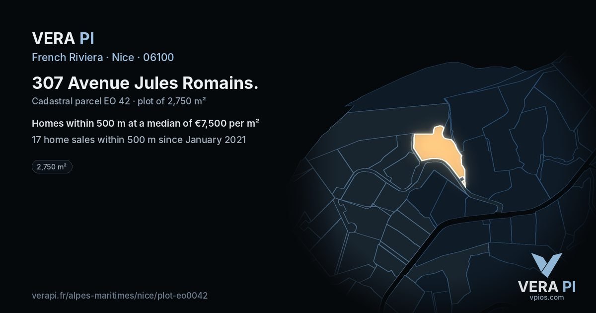 307 Avenue Jules Romains, Nice at night – the plot lit, the parcels around coloured by the prices near them