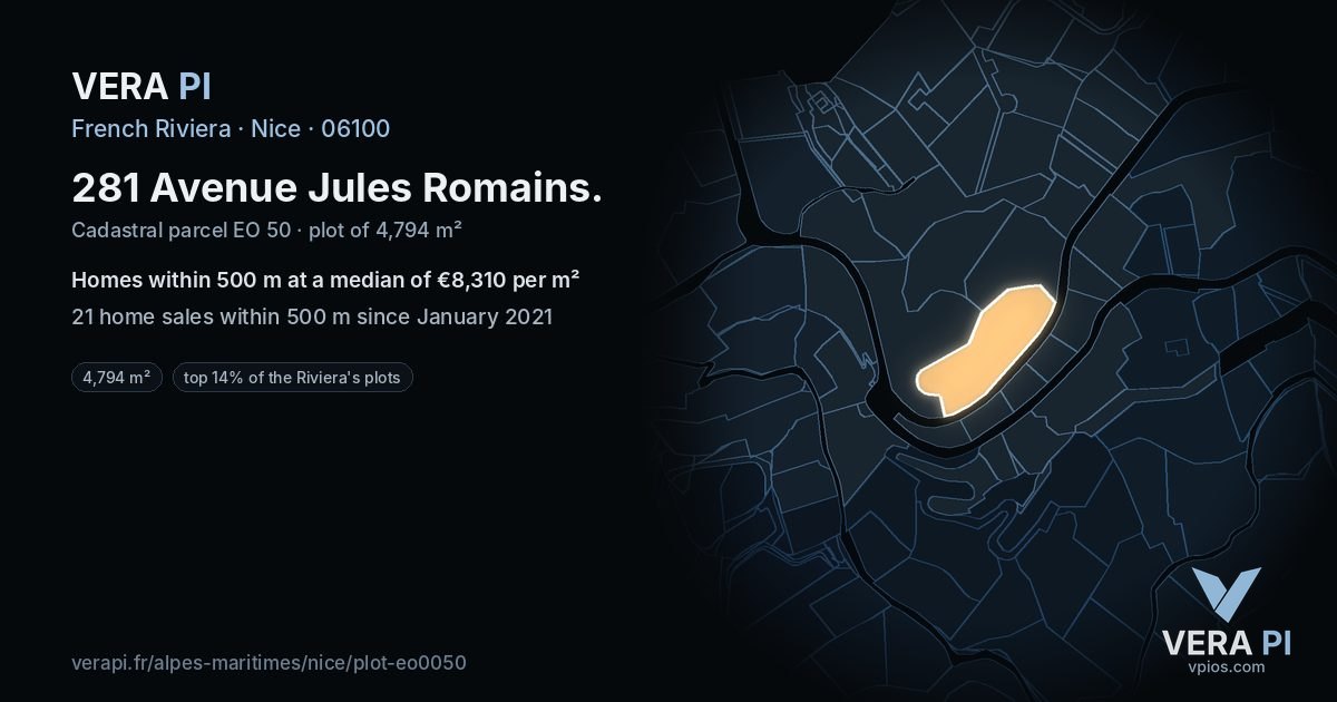 281 Avenue Jules Romains, Nice at night – the plot lit, the parcels around coloured by the prices near them