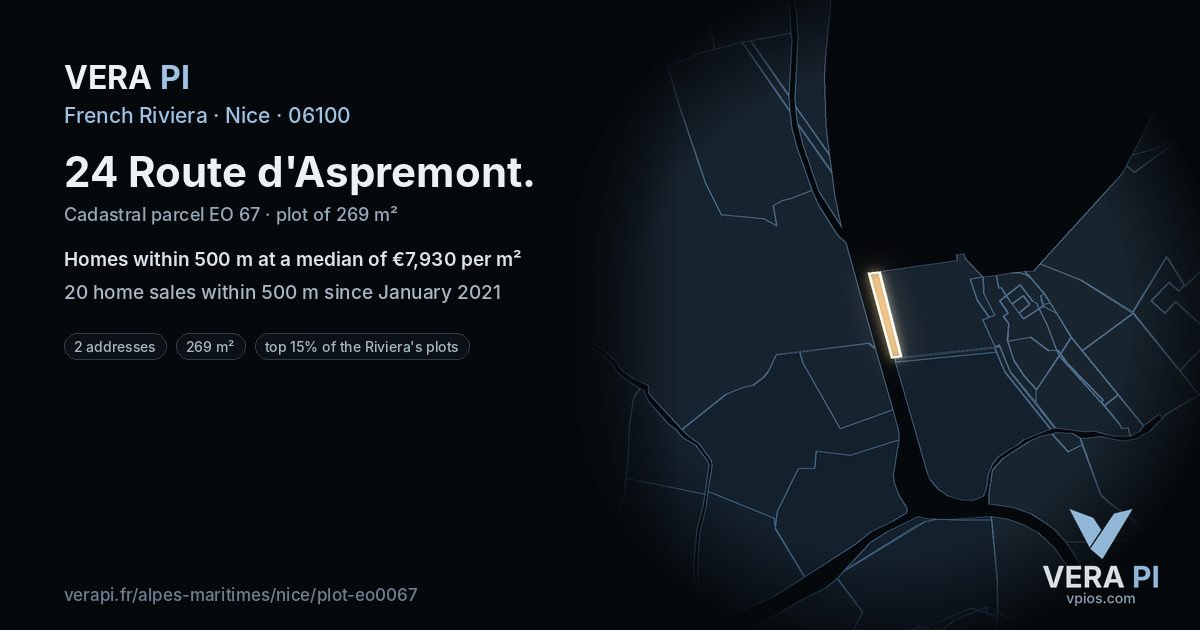 24 Route d'Aspremont, Nice at night – the plot lit, the parcels around coloured by the prices near them