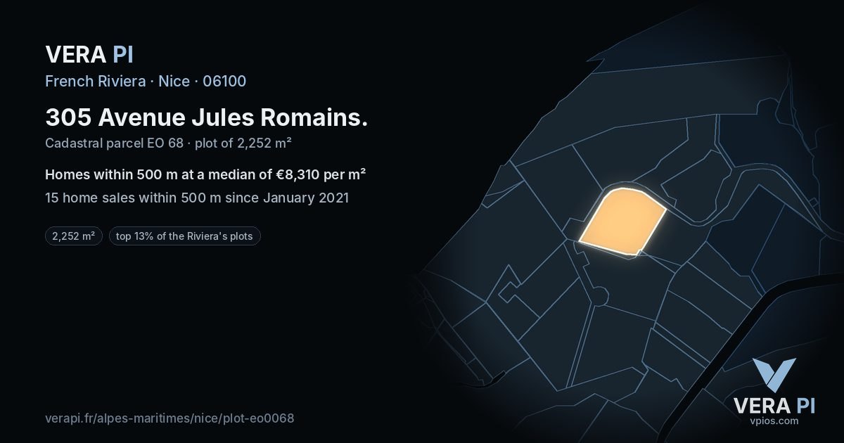 305 Avenue Jules Romains, Nice at night – the plot lit, the parcels around coloured by the prices near them