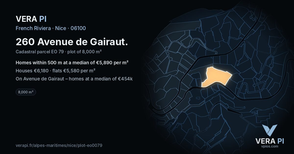 260 Avenue de Gairaut, Nice at night – the plot lit, the parcels around coloured by the prices near them