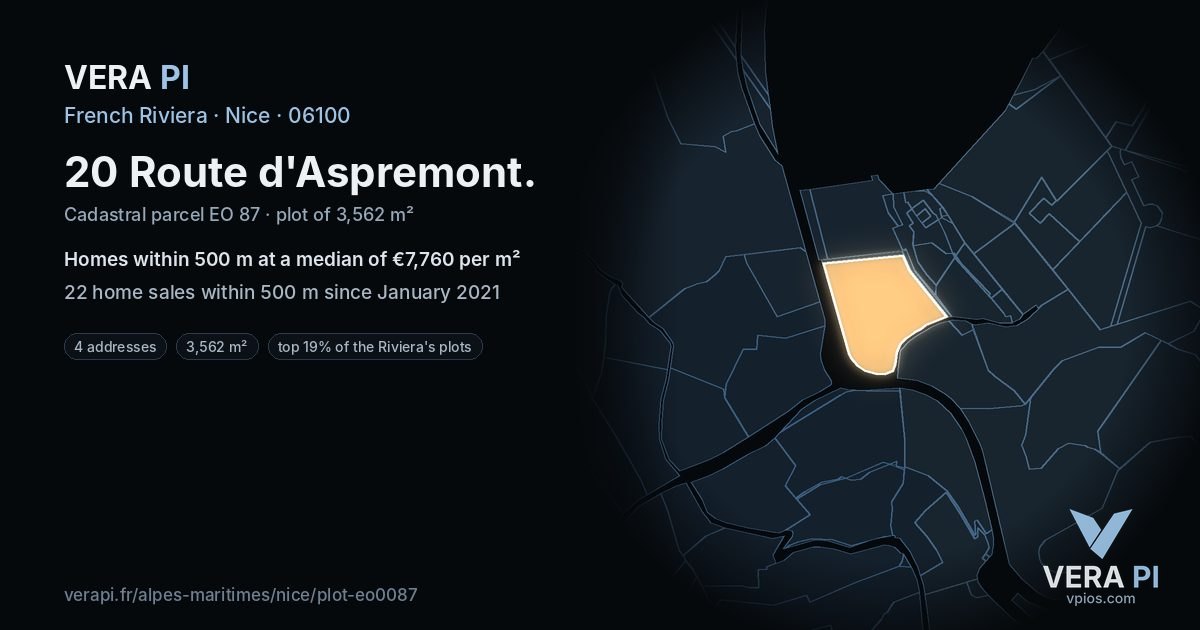 20 Route d'Aspremont, Nice at night – the plot lit, the parcels around coloured by the prices near them