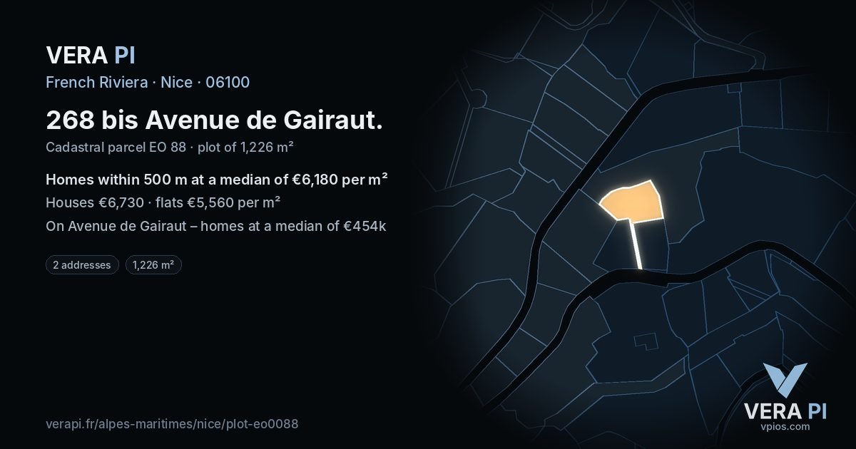 268 bis Avenue de Gairaut, Nice at night – the plot lit, the parcels around coloured by the prices near them