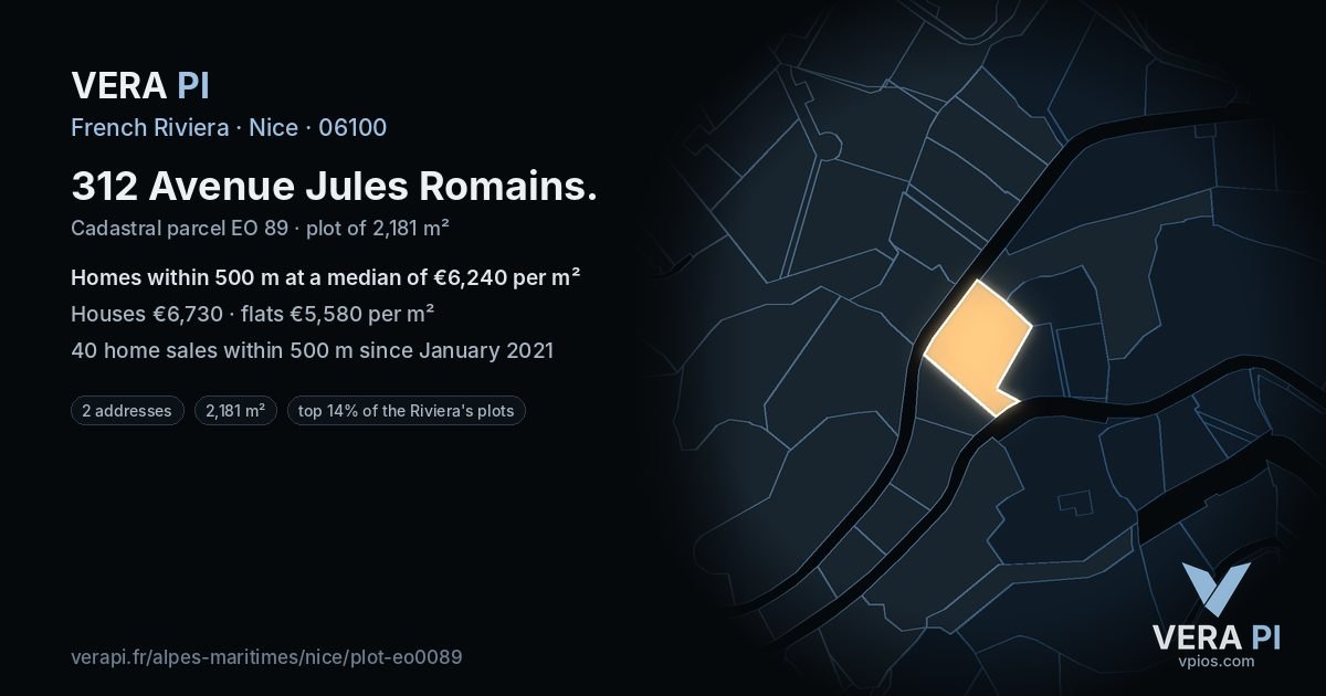 312 Avenue Jules Romains, Nice at night – the plot lit, the parcels around coloured by the prices near them