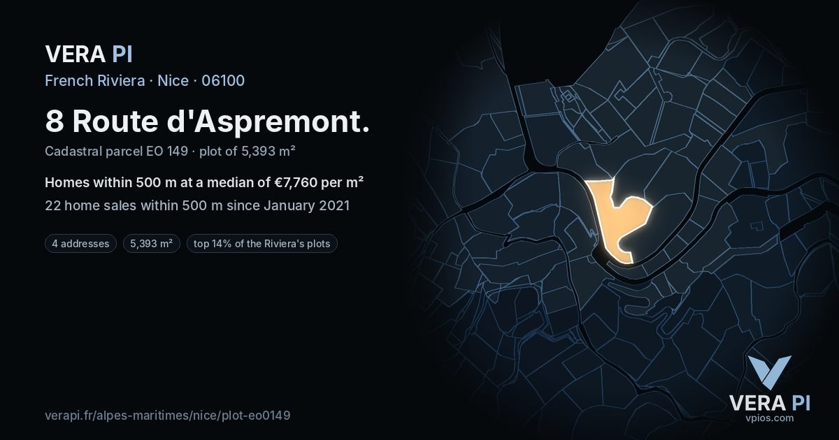 8 Route d'Aspremont, Nice at night – the plot lit, the parcels around coloured by the prices near them