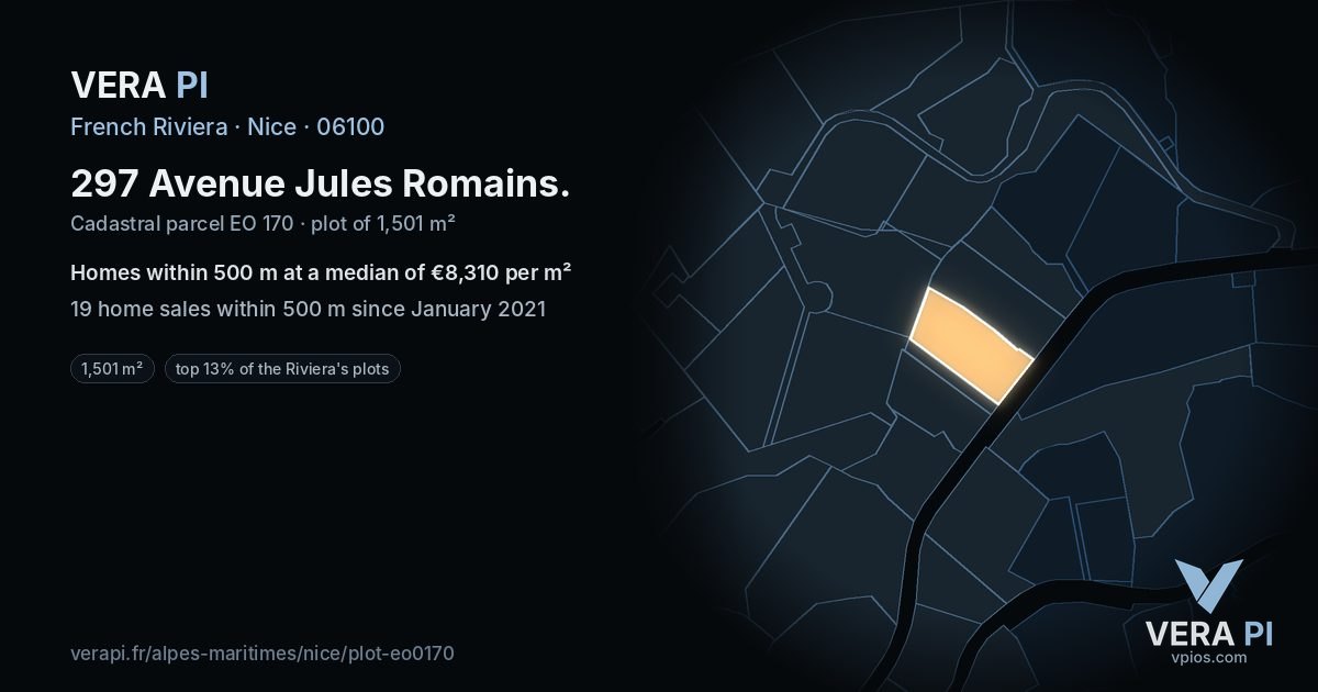 297 Avenue Jules Romains, Nice at night – the plot lit, the parcels around coloured by the prices near them