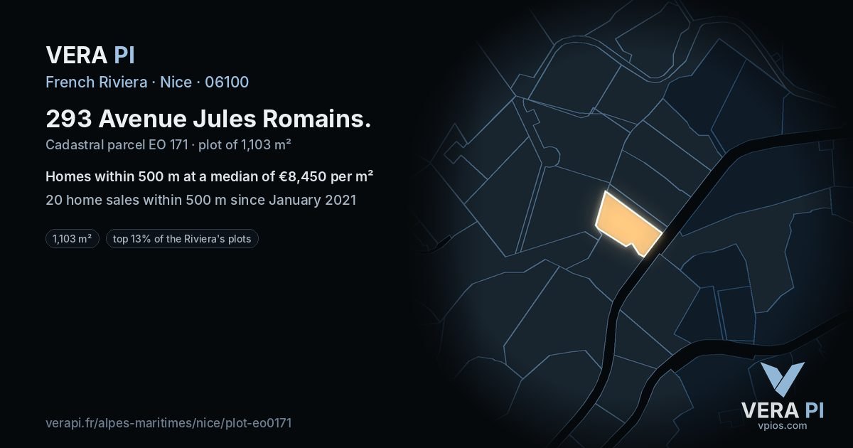 293 Avenue Jules Romains, Nice at night – the plot lit, the parcels around coloured by the prices near them