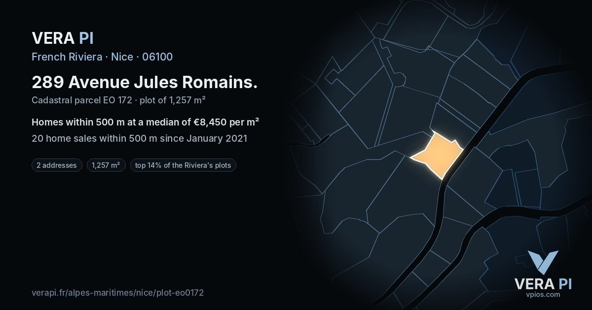 289 Avenue Jules Romains, Nice at night – the plot lit, the parcels around coloured by the prices near them