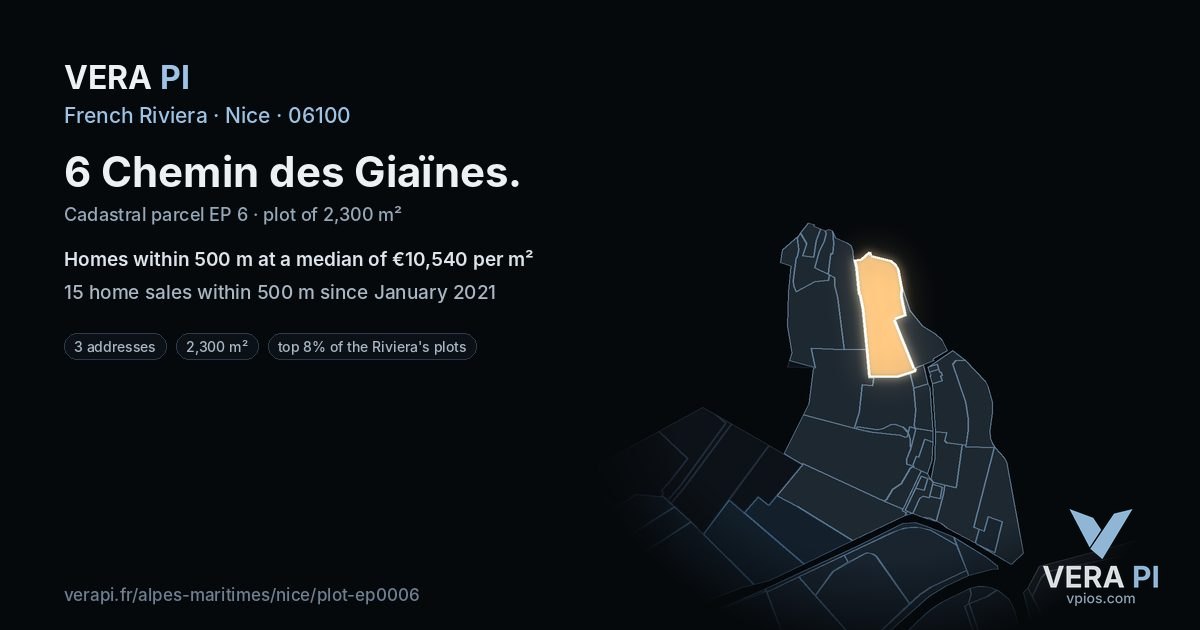 6 Chemin des Giaïnes, Nice at night – the plot lit, the parcels around coloured by the prices near them