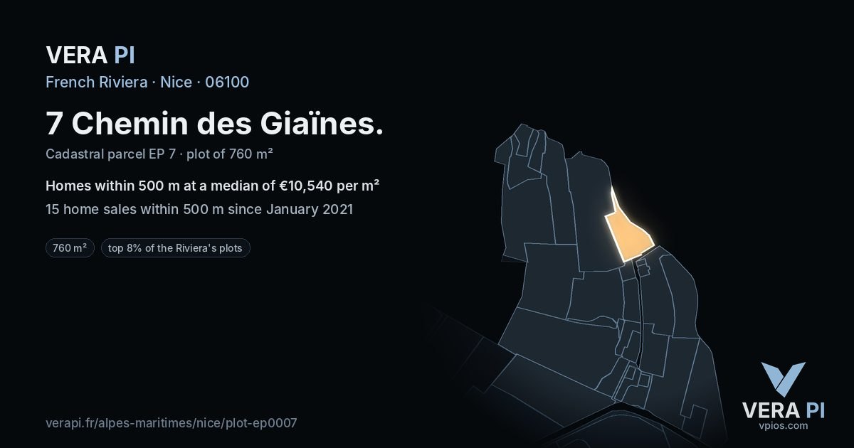 7 Chemin des Giaïnes, Nice at night – the plot lit, the parcels around coloured by the prices near them