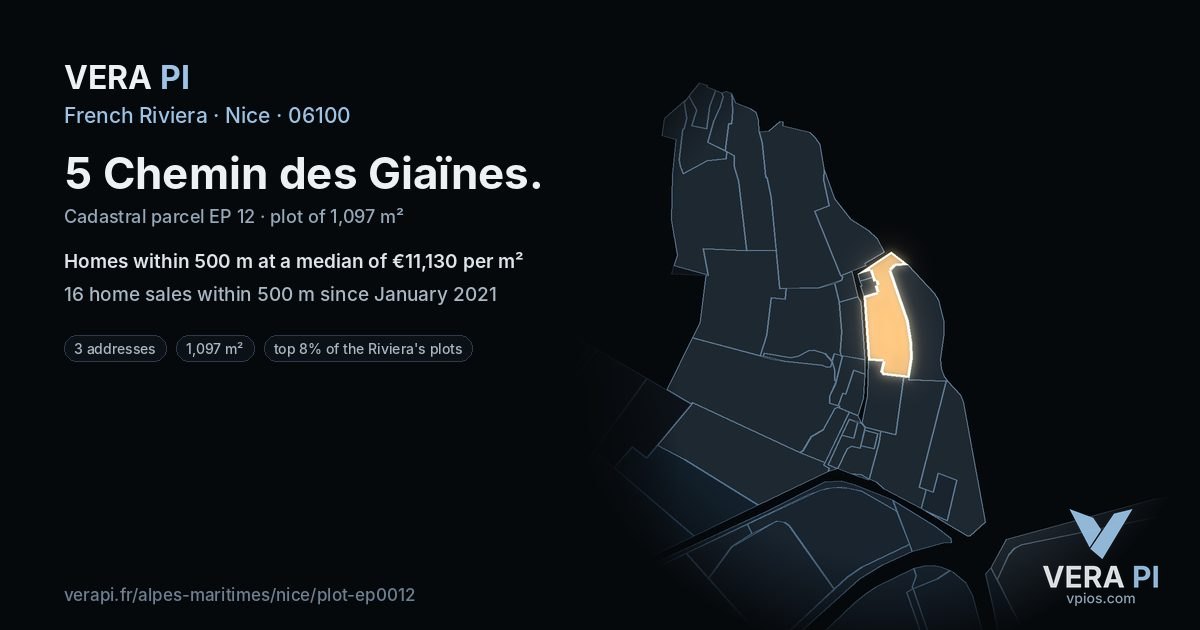 5 Chemin des Giaïnes, Nice at night – the plot lit, the parcels around coloured by the prices near them