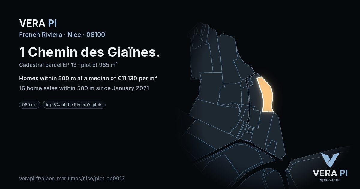 1 Chemin des Giaïnes, Nice at night – the plot lit, the parcels around coloured by the prices near them